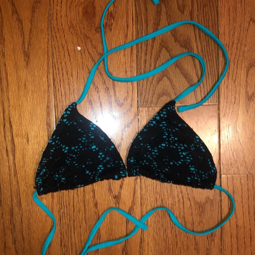 Lace Black & Teal Triangle Bikini Top